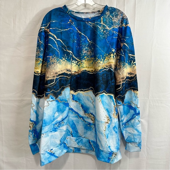 Womens Plus Size Marble Gold & Blue Polyester Pullover Sweatshirt 2XL - Picture 2 of 7